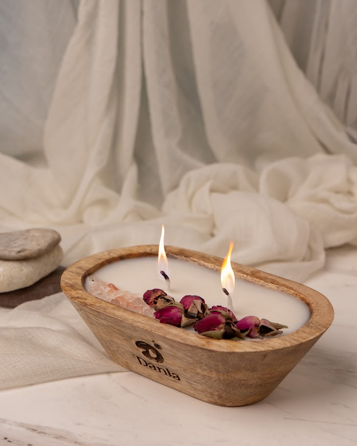 Petal & Amber Wooden Doughbowl Candle