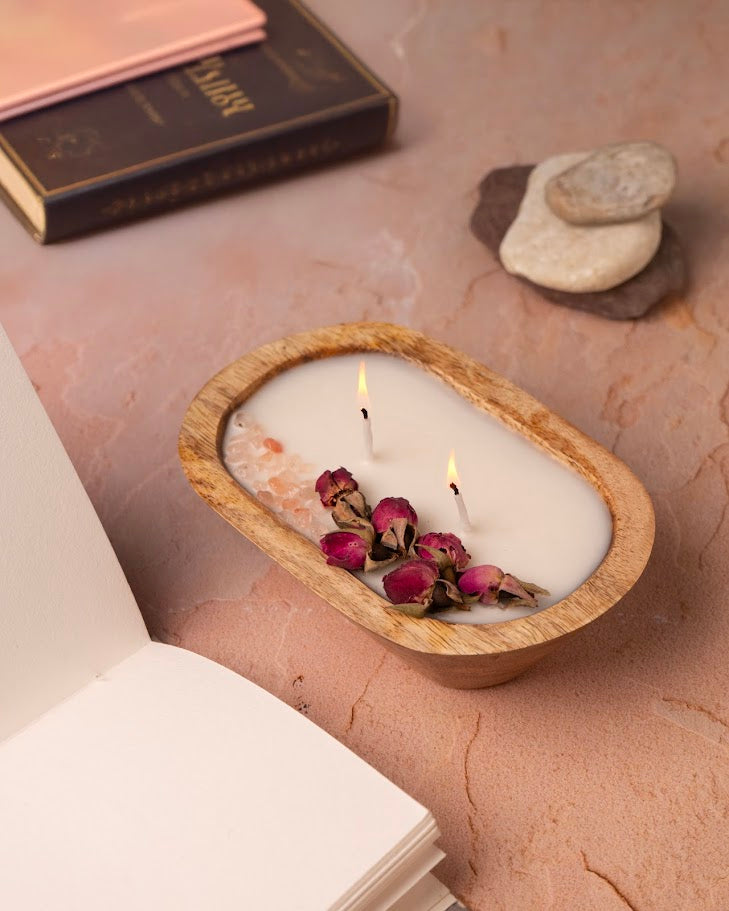 Petal & Amber Wooden Doughbowl Candle