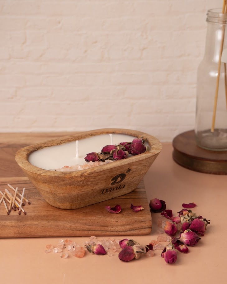 Petal & Amber Wooden Doughbowl Candle