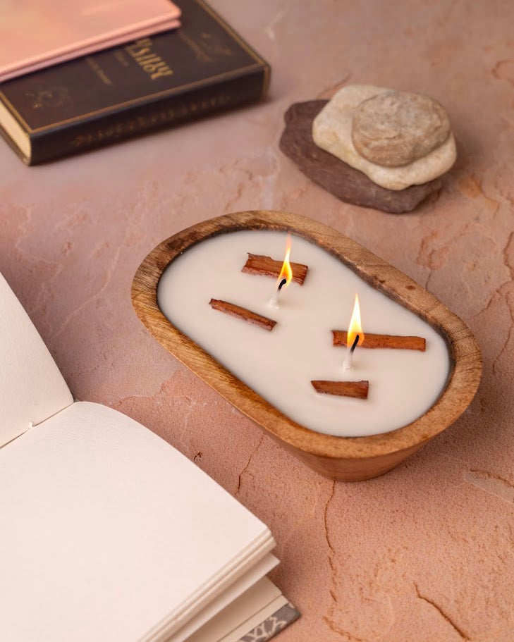 African Wood Wooden Doughbowl Candle